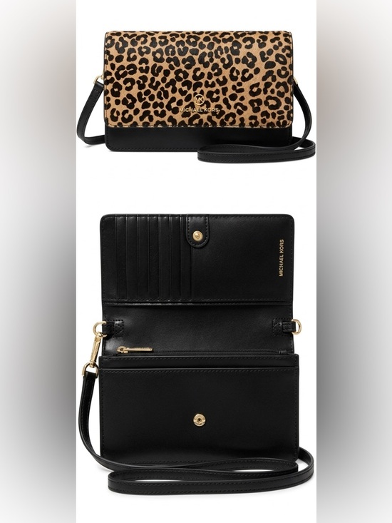 Michael Kors Handbags - MICHAEL KORS Black Leather Crossbody Wallet with Leopard Accent